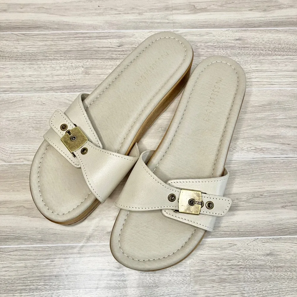 MUSSE & CLOUD Leather Sandal Slides Size 9 Platform Buckle Wedge Cream Spain